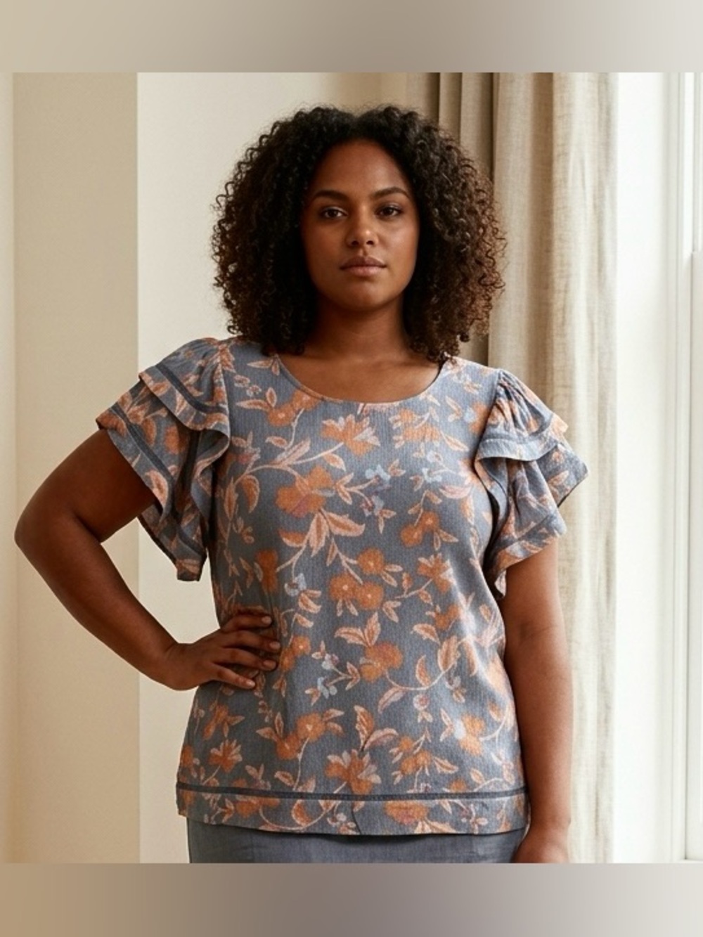 Ladies DR2 Flutter Sleeve Top Floral Print Muted Blue, Rust and Pink Size XL NWT